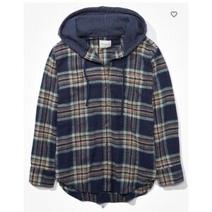American Eagle Women’s Large Blue & Pink Soft Plaid Button Up Flannel W/ Hood